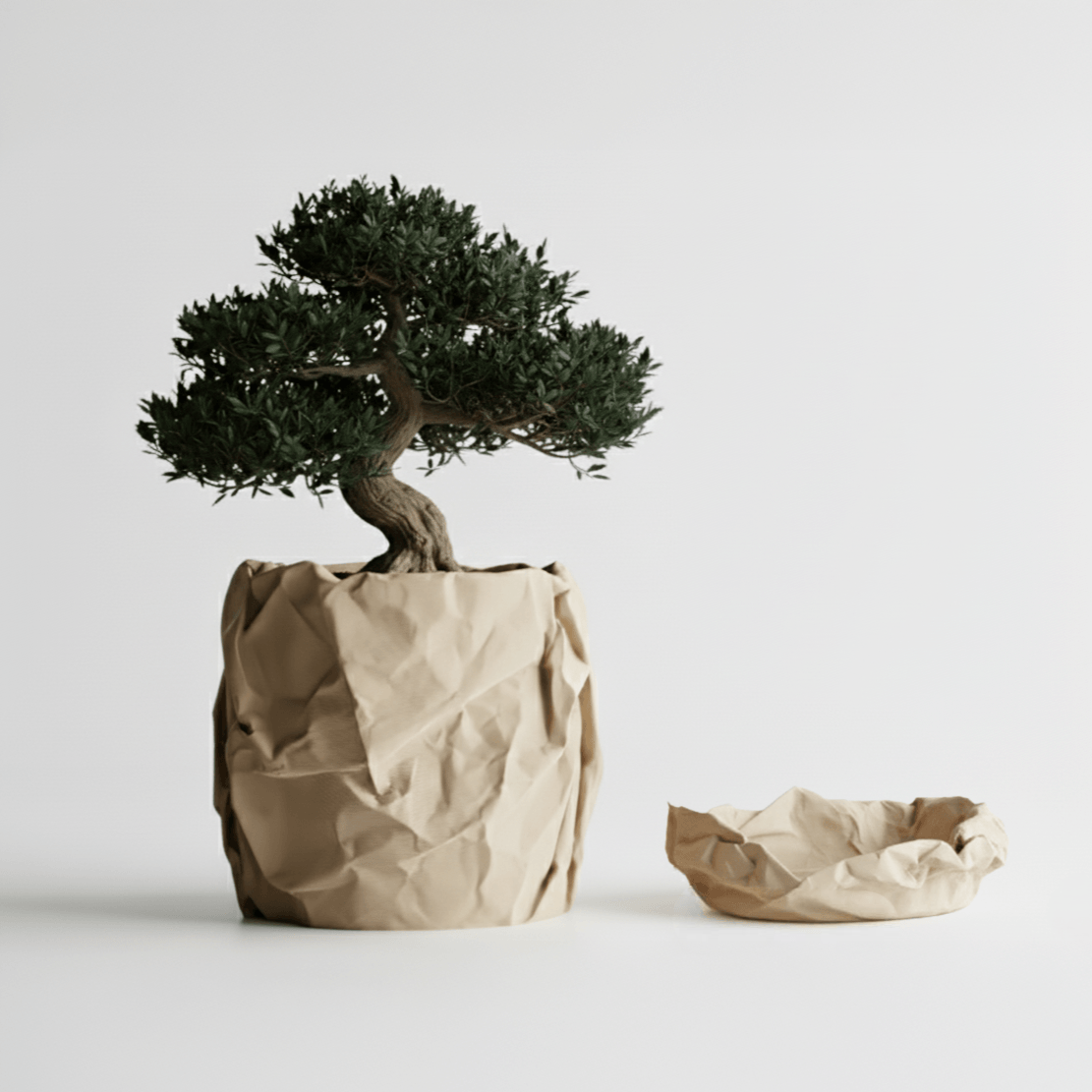 Set Ghiveci decorativ si Tava de chei Crumpled Design, culoare Sandstone Beige, plastic PLA, ghiveci diametru 12cm, inaltime 16cm — imaginea 3