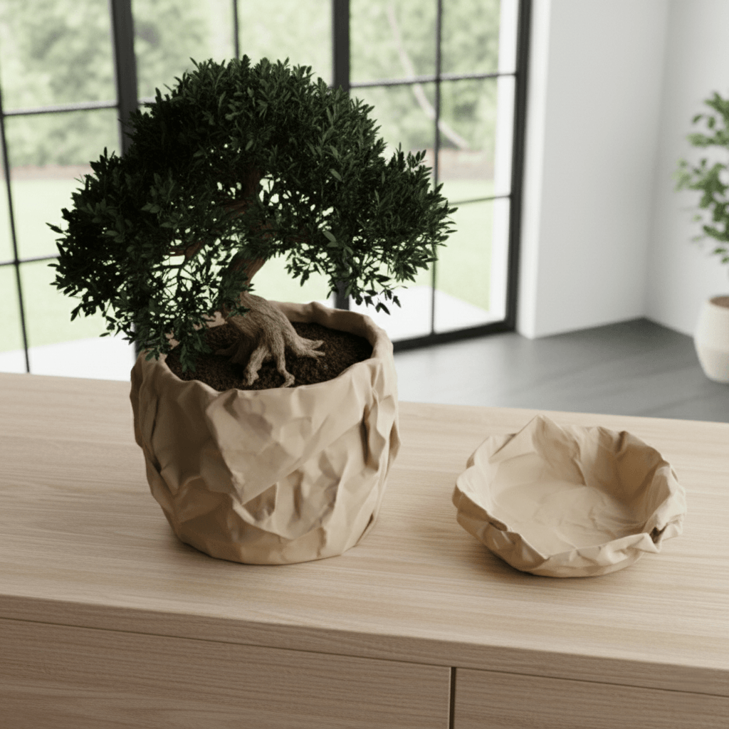 Set Ghiveci decorativ si Tava de chei Crumpled Design, culoare Sandstone Beige, plastic PLA, ghiveci diametru 12cm, inaltime 16cm — imaginea 4
