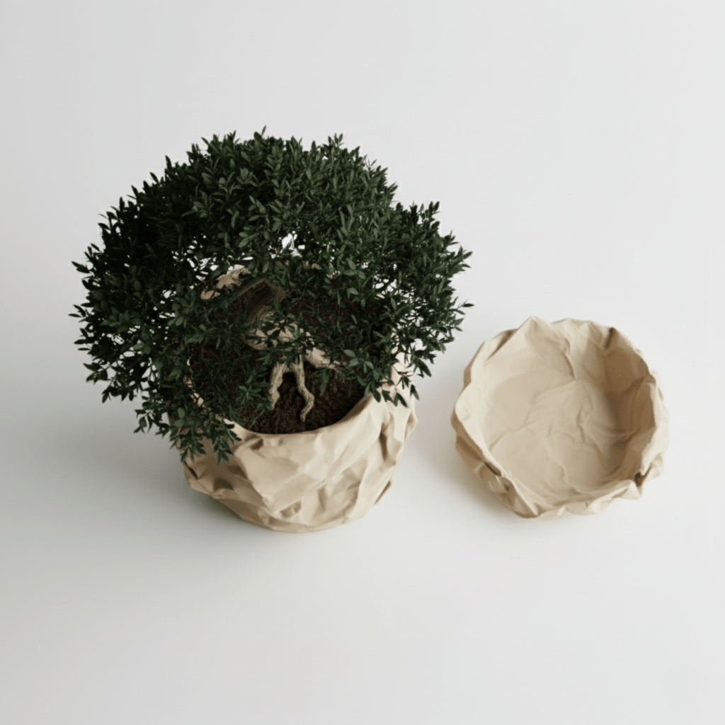 Set Ghiveci decorativ si Tava de chei Crumpled Design, culoare Sandstone Beige, plastic PLA, ghiveci diametru 12cm, inaltime 16cm — imaginea 7