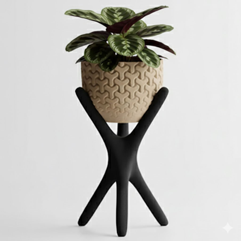 Suport ghiveci, design modern, stand negru, ghiveci detasabil bej, plastic PLA, diametru 13cm — imaginea 4