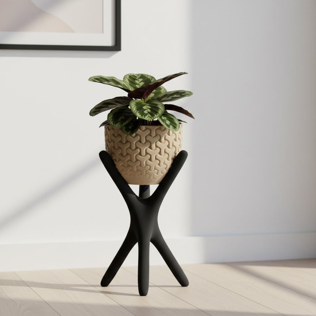 Suport ghiveci, design modern, stand negru, ghiveci detasabil bej, plastic PLA, diametru 13cm — imaginea 5