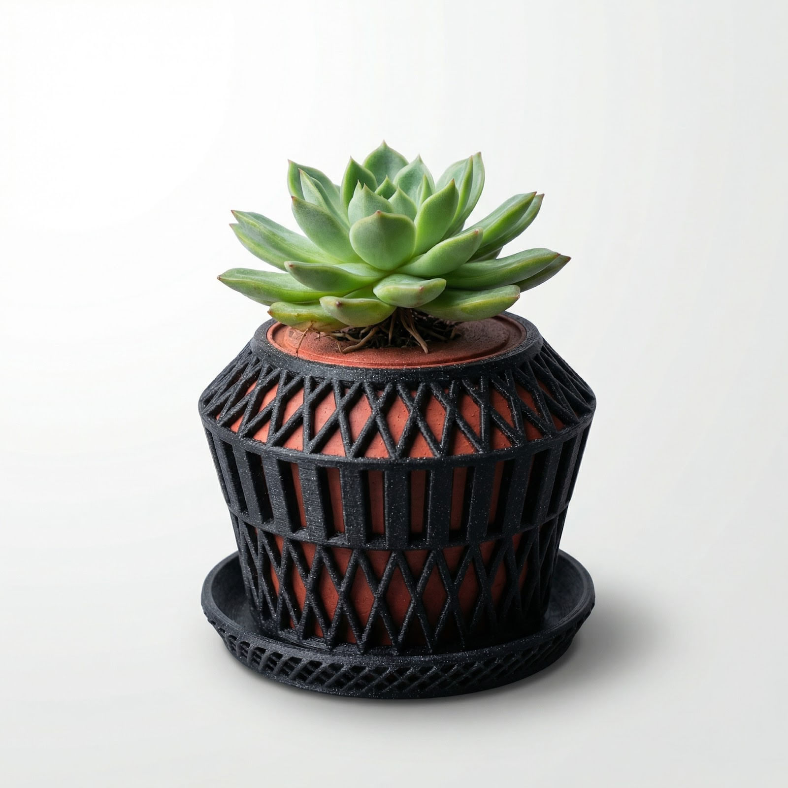 Ghiveci decorativ geometric, negru, 13 cm, cu farfurie de scurgere — imaginea 3