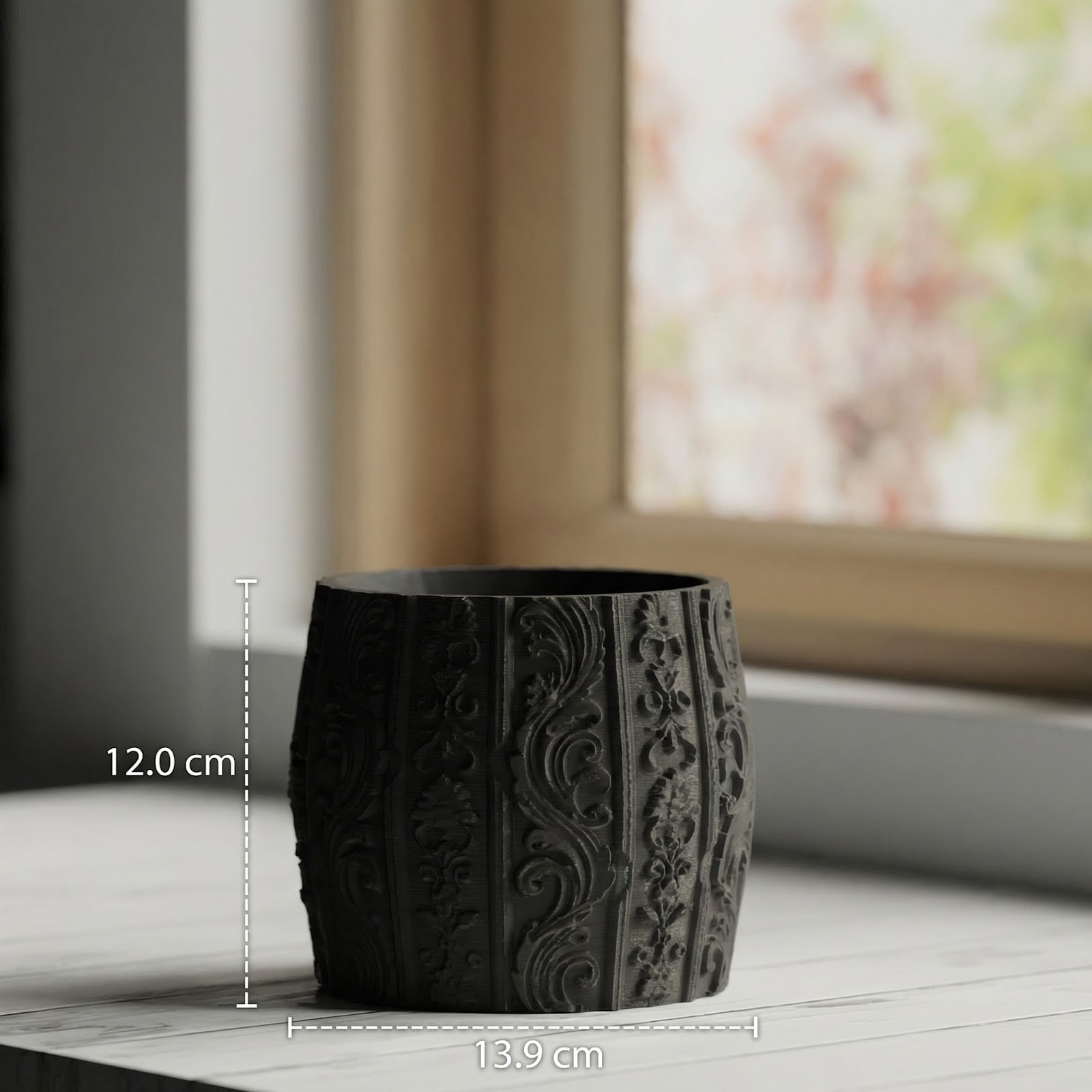 Ghiveci Decorativ cu Ornamente Florale, Negru, 14 cm — imaginea 2