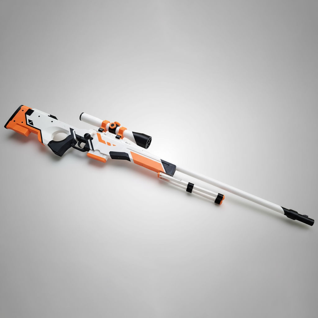 Pusca AWP Asiimov, Counter Strike 2, marime reala, 120 cm, mecanism lansare elastice, distanta pana la 15m, jucarie interactiva & pentru colectionari