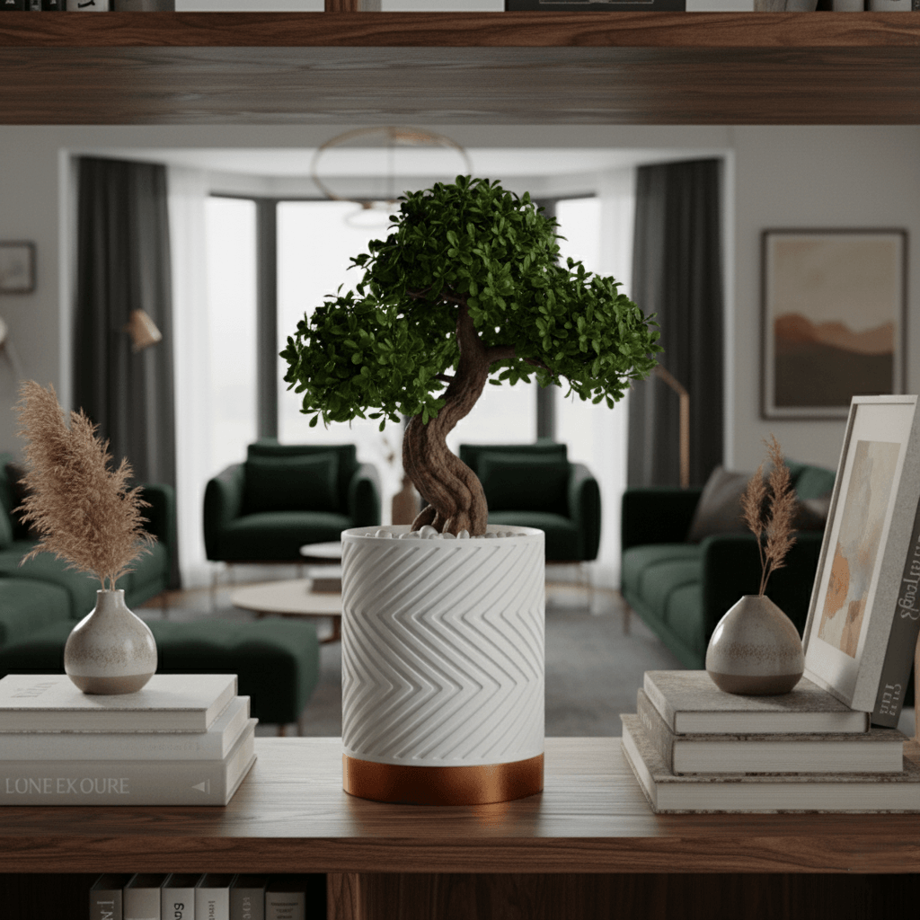 Ghiveci Inalt decorativ Geometric Luxe – Culoare Ivory Sandstone & Copper Gold, plastic PLA, inaltime 15cm — imaginea 3