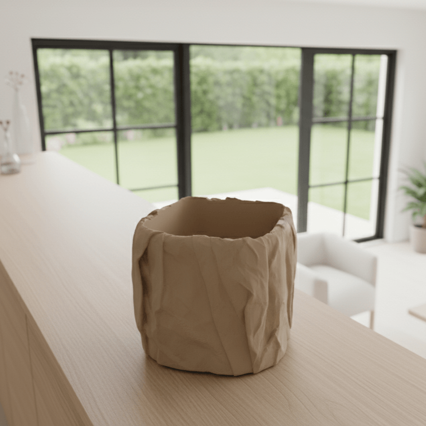 Ghiveci decorativ inalt Cube Crumpled Design, Sandstone Beige, plastic PLA, diametru 12cm, inaltime 16cm