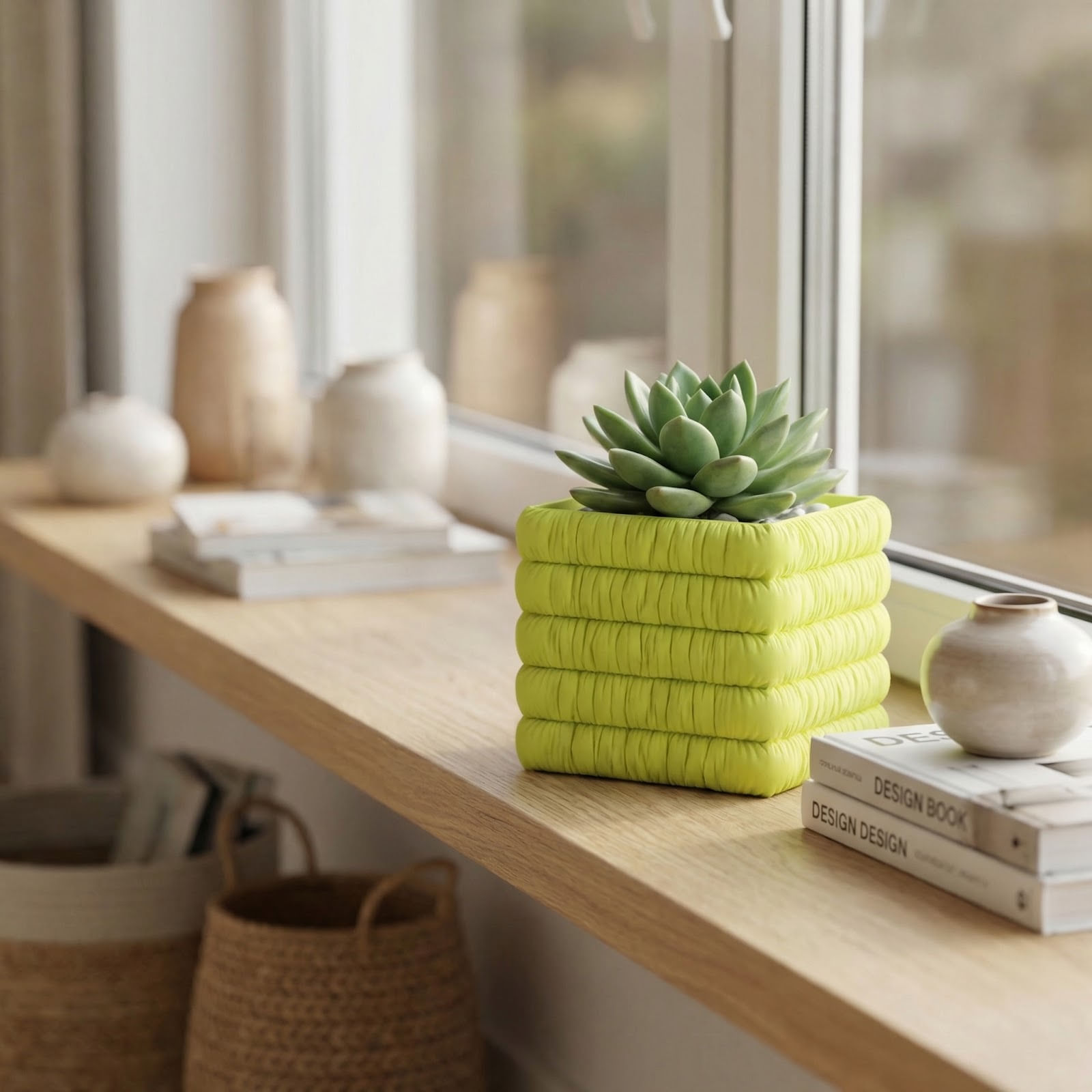 Ghiveci decorativ, verde lime, 12 cm, aspect textil matlasat — imaginea 5