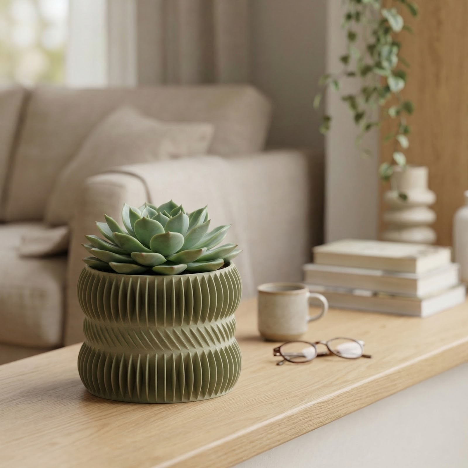 Ghiveci Decorativ cu Nervuri Moderne, Verde Olive, 12 cm — imaginea 5