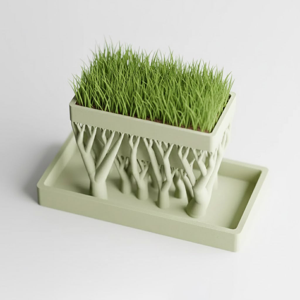 Ghiveci suspendat cu suporti in forma de trunchi copac, cu tavita, verde, printat 3D, plastic PLA, 12cm lungime, 6cm inaltime — imaginea 2