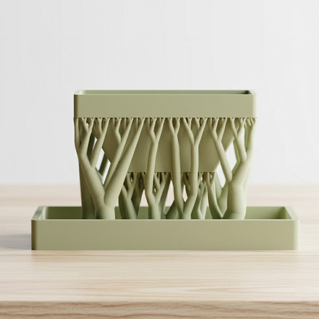 Ghiveci suspendat cu suporti in forma de trunchi copac, cu tavita, verde, printat 3D, plastic PLA, 12cm lungime, 6cm inaltime — imaginea 4