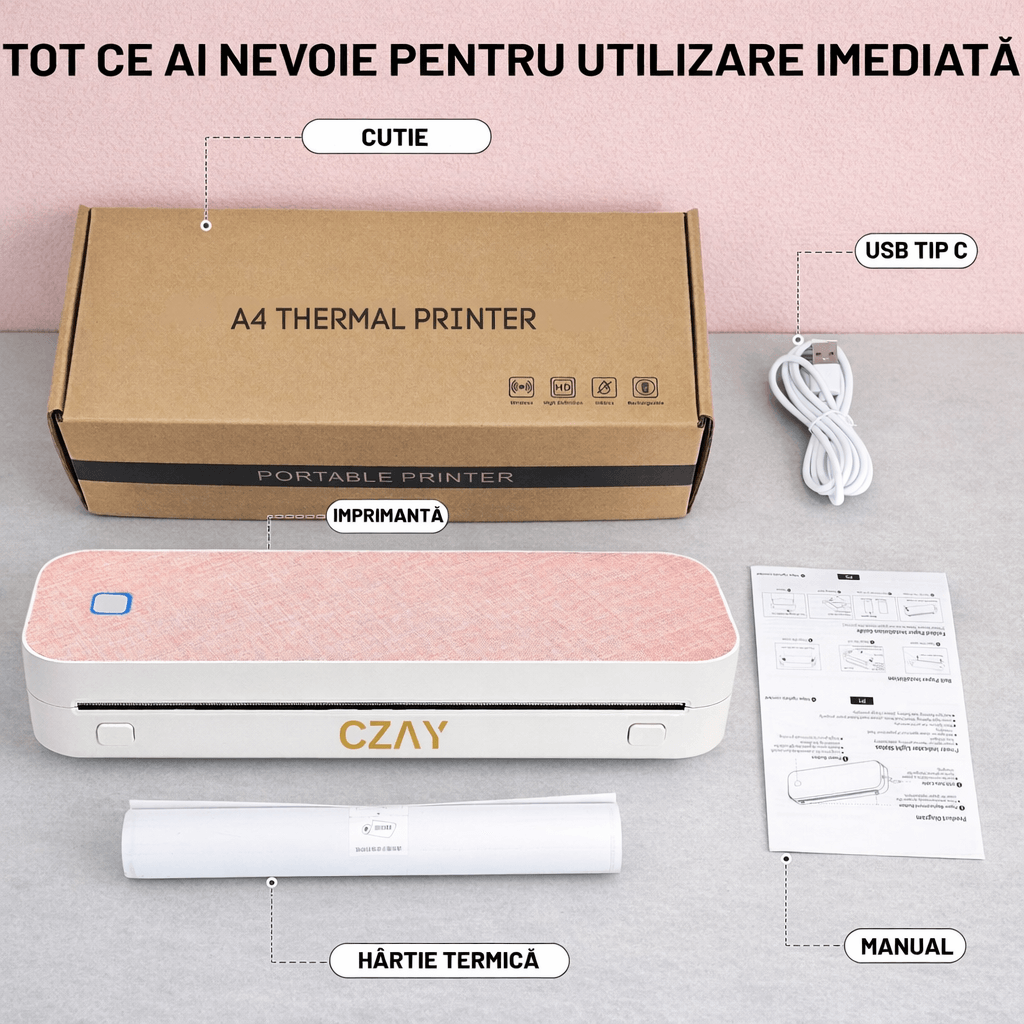 Imprimanta Termica Portabila A4 CZAY®,Etichete 50–220 mm,HD 304 DPI, Viteza 30 mm/s,iOS/Android/Windows/MacOS,2600 mAh
