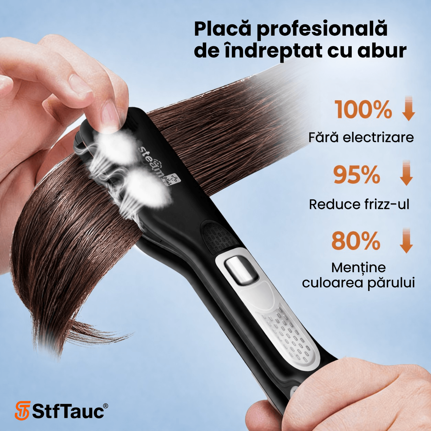 Placa de indreptat parul cu abur StfTauc®SteamPro, Placa de par 2 in 1, placi ceramice 5 trepte temperatura , ecran LCD