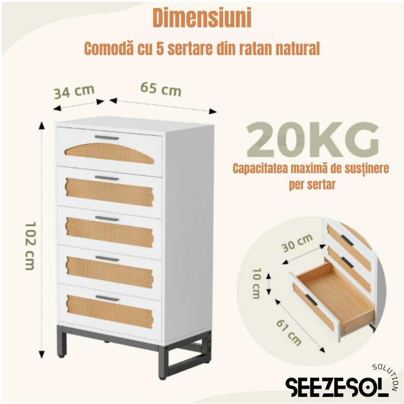 Comoda Moderna cu 5 Sertare 65x34x102 Cm, Comoda Inalta Din MDF si Ratan Natural, Manere Si Picioare Metalice, — imaginea 2