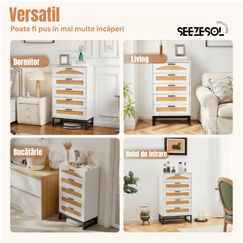 Comoda Moderna cu 5 Sertare 65x34x102 Cm, Comoda Inalta Din MDF si Ratan Natural, Manere Si Picioare Metalice, — imaginea 3
