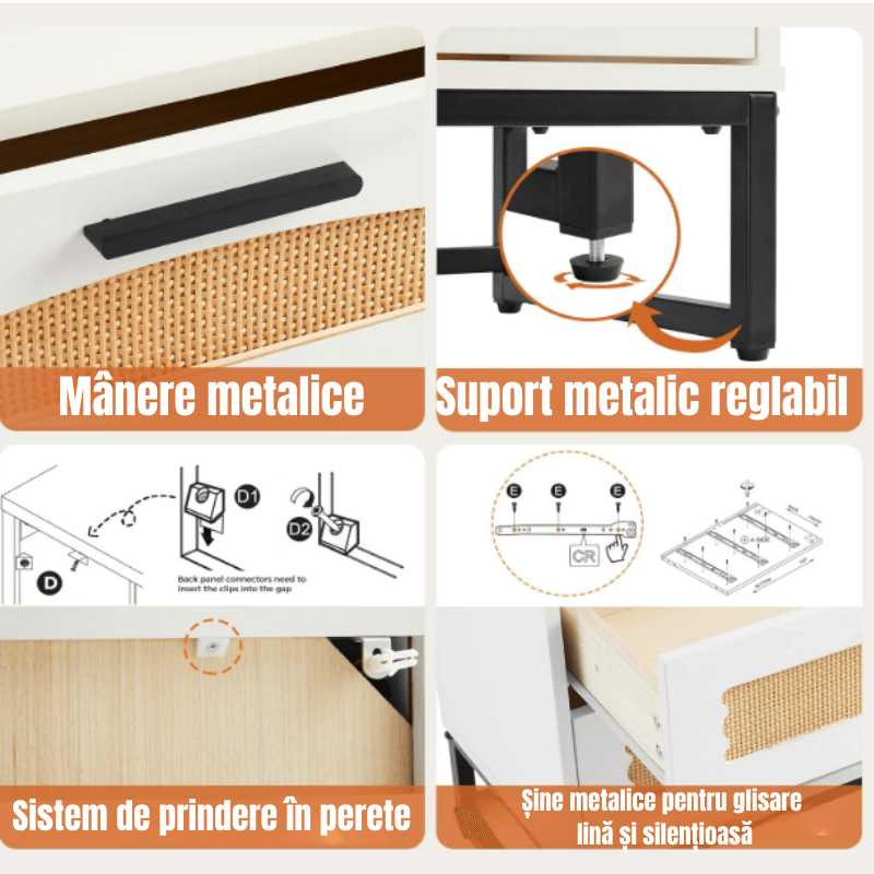 Comoda Moderna cu 5 Sertare 65x34x102 Cm, Comoda Inalta Din MDF si Ratan Natural, Manere Si Picioare Metalice, — imaginea 4
