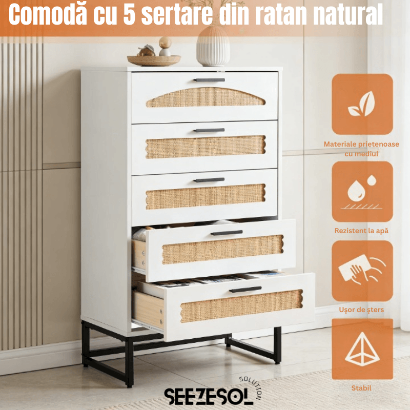 Comoda Moderna cu 5 Sertare 65x34x102 Cm, Comoda Inalta Din MDF si Ratan Natural, Manere Si Picioare Metalice, — imaginea 5