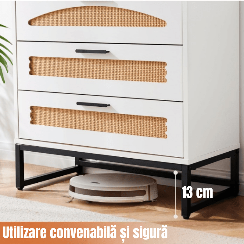 Comoda Moderna cu 5 Sertare 65x34x102 Cm, Comoda Inalta Din MDF si Ratan Natural, Manere Si Picioare Metalice, — imaginea 6