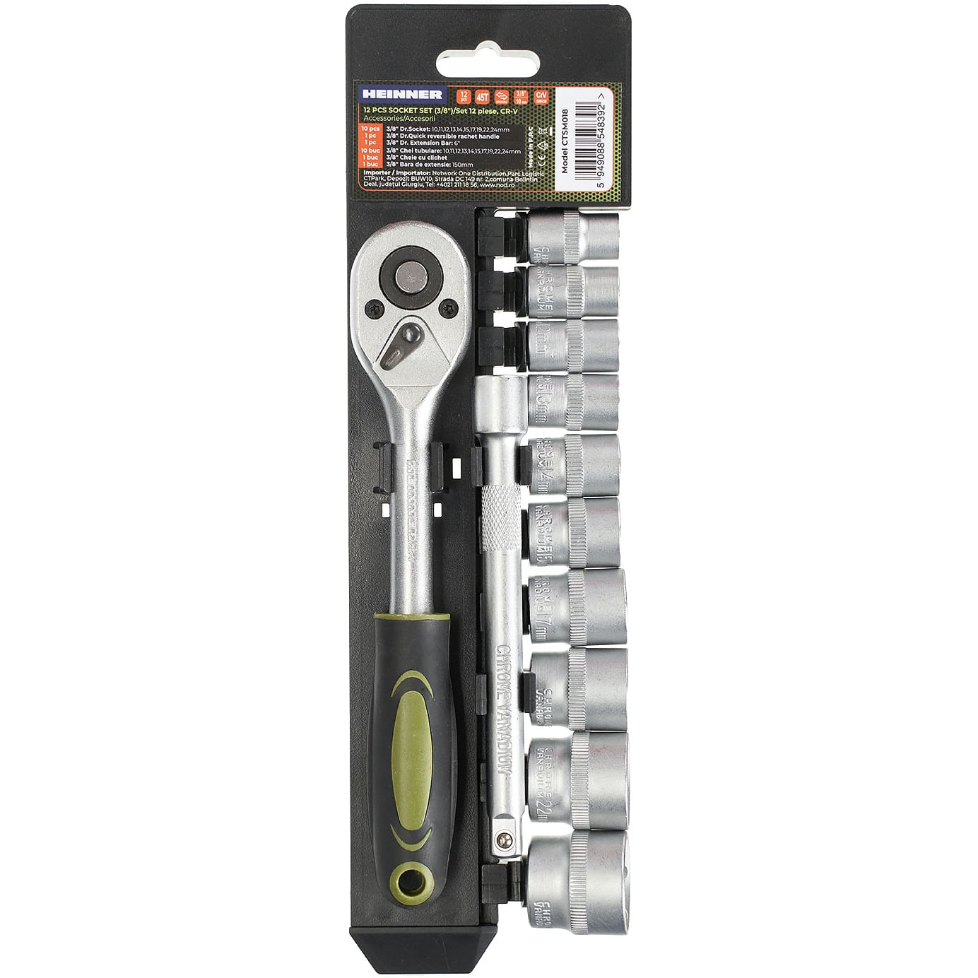 Set 12 piese Heinner CTSM018, Cheie cu clichet 3/8", capete chei tubulare, 10-24 mm, material chrome-vanadium — imaginea 2