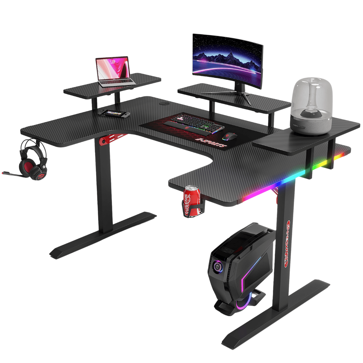 Birou Gaming RGB QOVA®,160cm,L-Shape, Blat Carbon Premium, Suport 120KG, Iluminare LED integrata, Suport Pahar & Casti