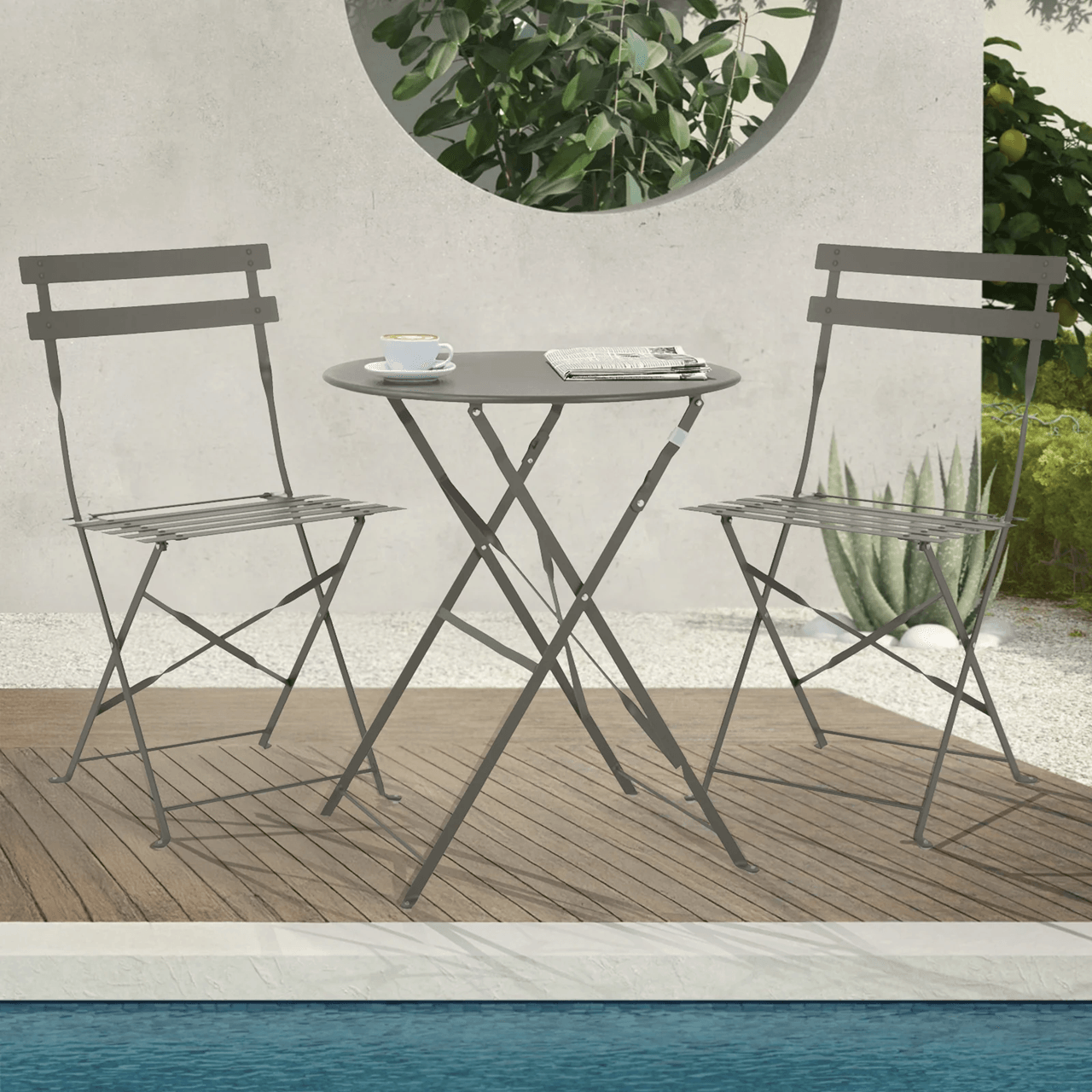 Set Bistro Flair - mobilier terasa gradina, 2 scaune + masa, otel vopsit - Bej (Grey Brown) — imaginea 2