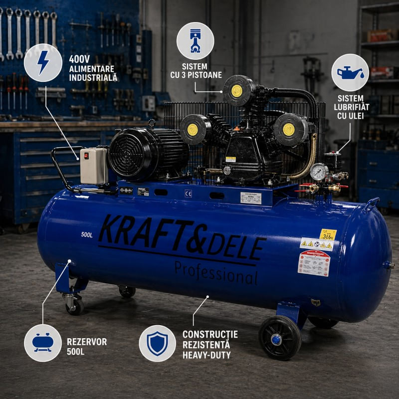 Compresor de aer cu ulei, Kraft&Dele, 500L, 3 pistoane, 400V, KD4062 — imaginea 6