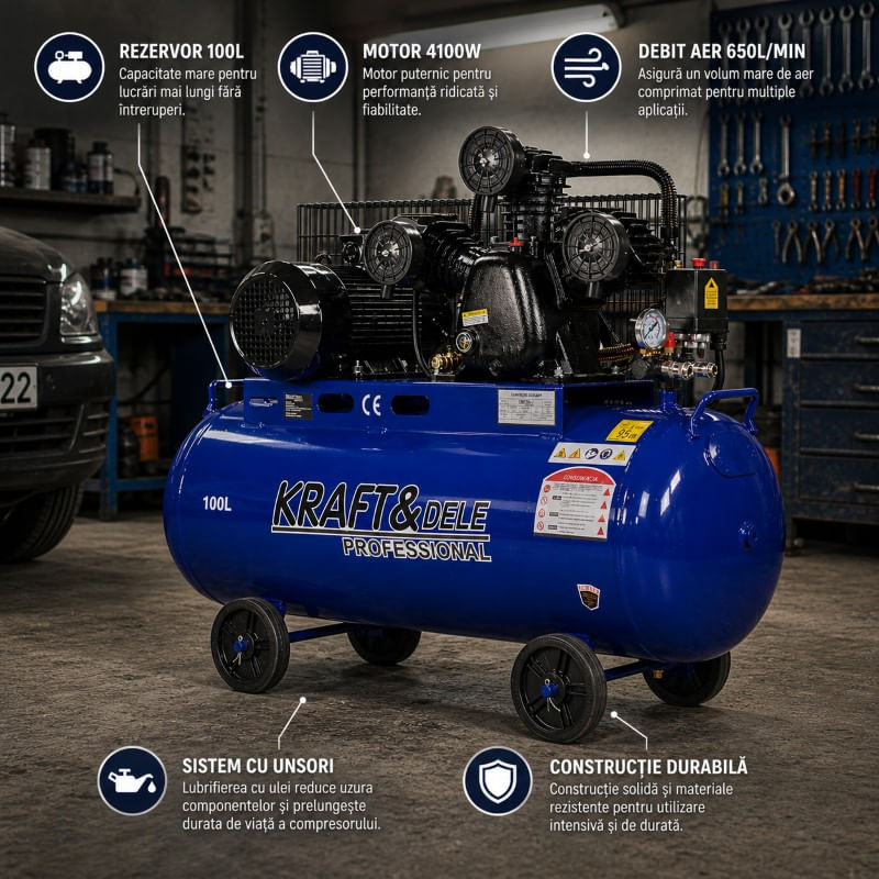 Compresor 100L de aer pe ulei, KRAFT&Dele, 4100W 650L/min KD4066 — imaginea 13
