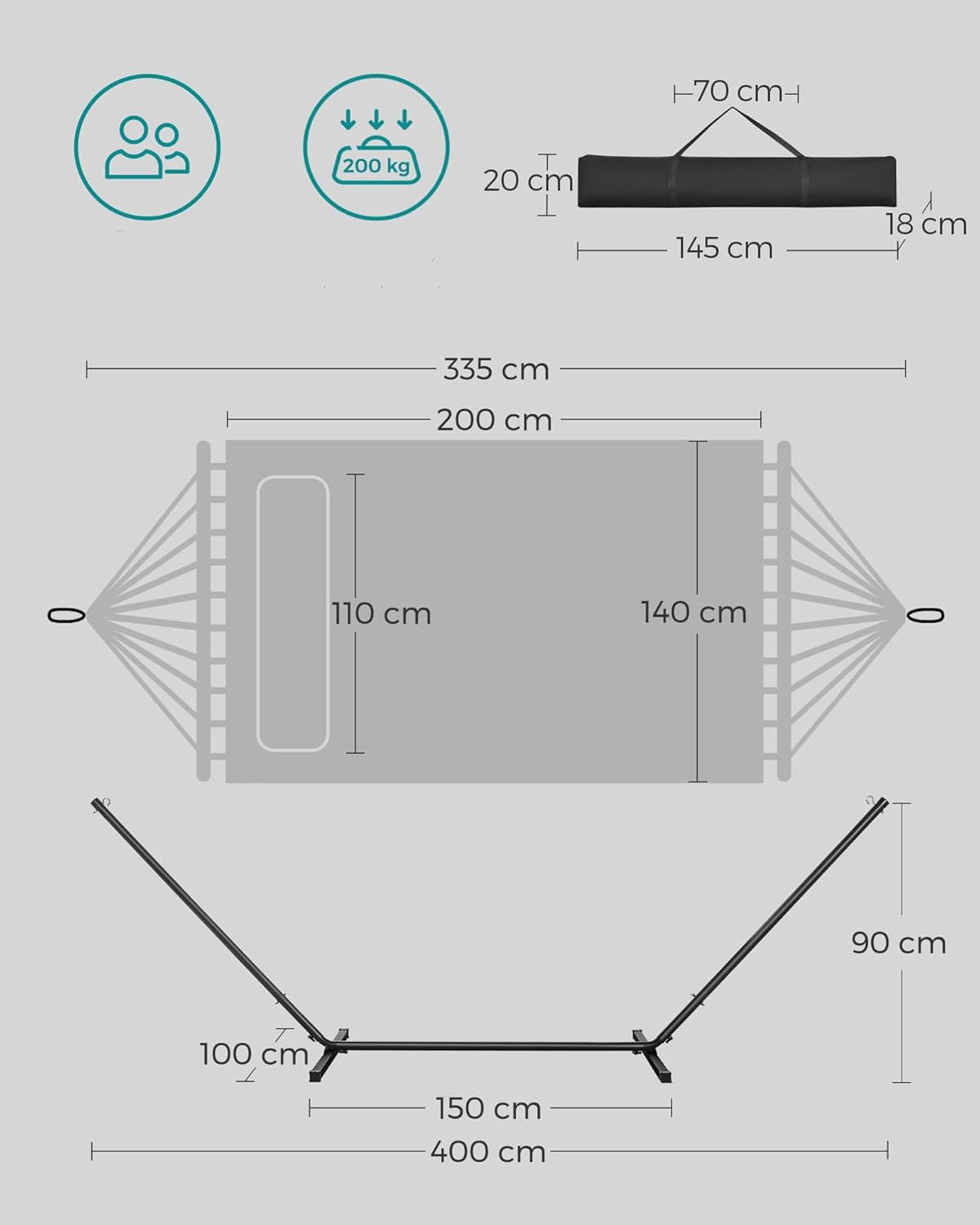 Hamac cu suport metalic, cu suprafata captusita, reglabil, include perna, 200 kg, 300x120x110 cm, gri