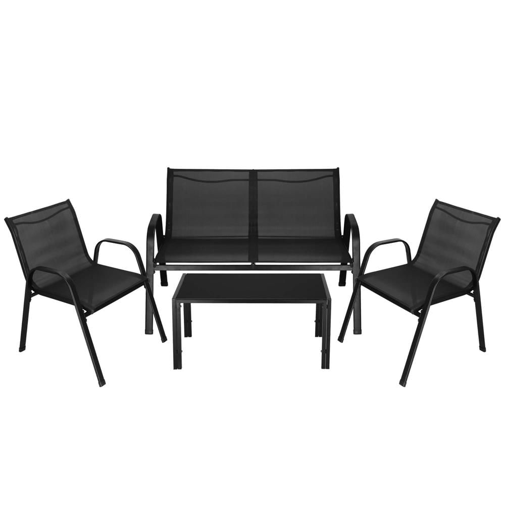 Set mobilier gradina 4 piese, masa cu sticla securizata, 2 scaune si canapea, cadru metalic, negru — imaginea 3