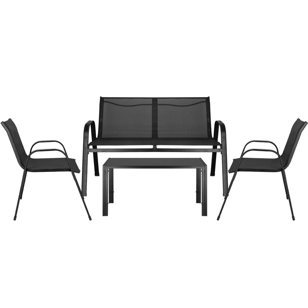 Set mobilier gradina 4 piese, masa cu sticla securizata, 2 scaune si canapea, cadru metalic, negru — imaginea 4