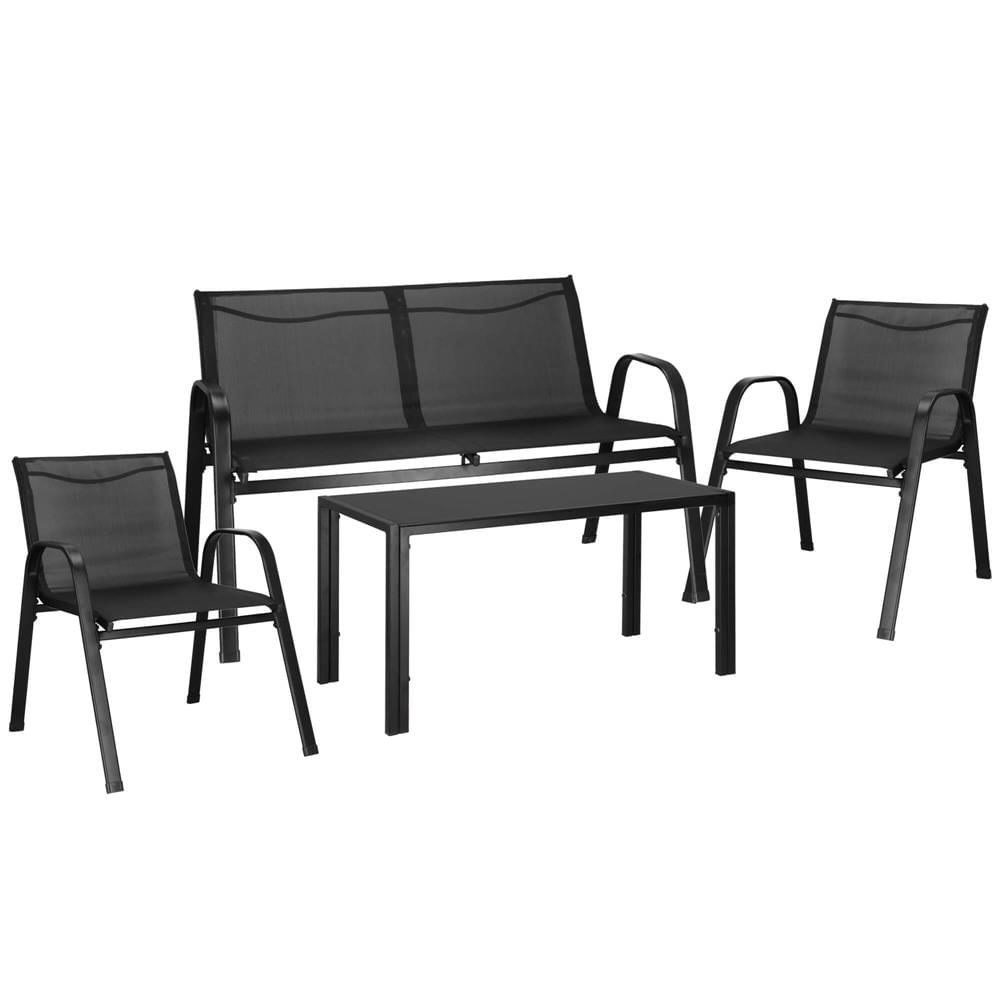Set mobilier gradina 4 piese, masa cu sticla securizata, 2 scaune si canapea, cadru metalic, negru — imaginea 5
