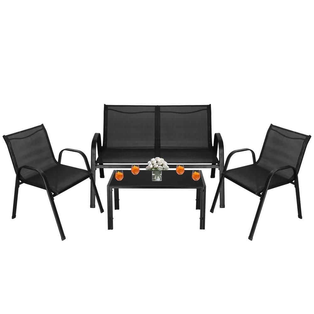 Set mobilier gradina 4 piese, masa cu sticla securizata, 2 scaune si canapea, cadru metalic, negru — imaginea 8