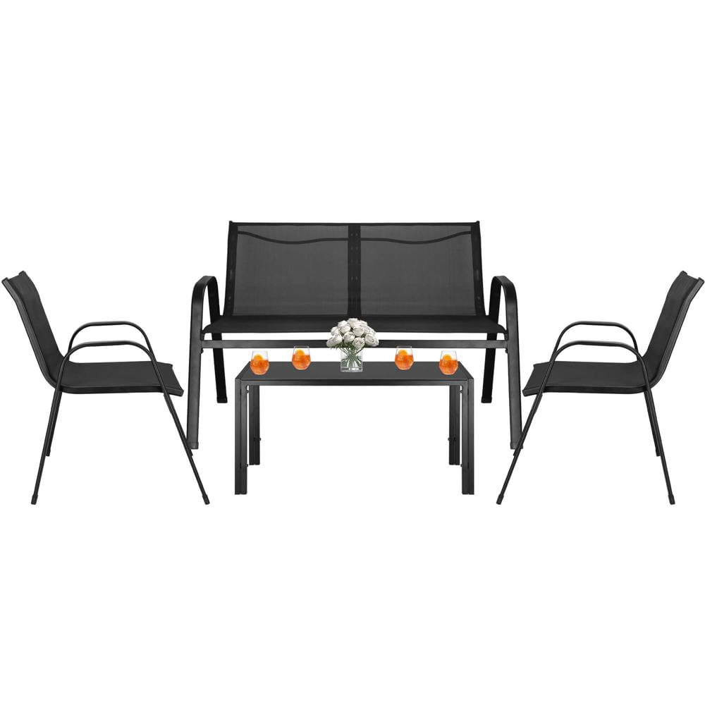 Set mobilier gradina 4 piese, masa cu sticla securizata, 2 scaune si canapea, cadru metalic, negru — imaginea 9