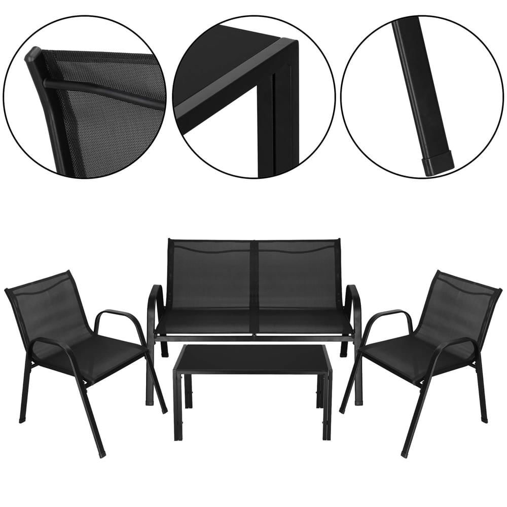 Set mobilier gradina 4 piese, masa cu sticla securizata, 2 scaune si canapea, cadru metalic, negru — imaginea 14