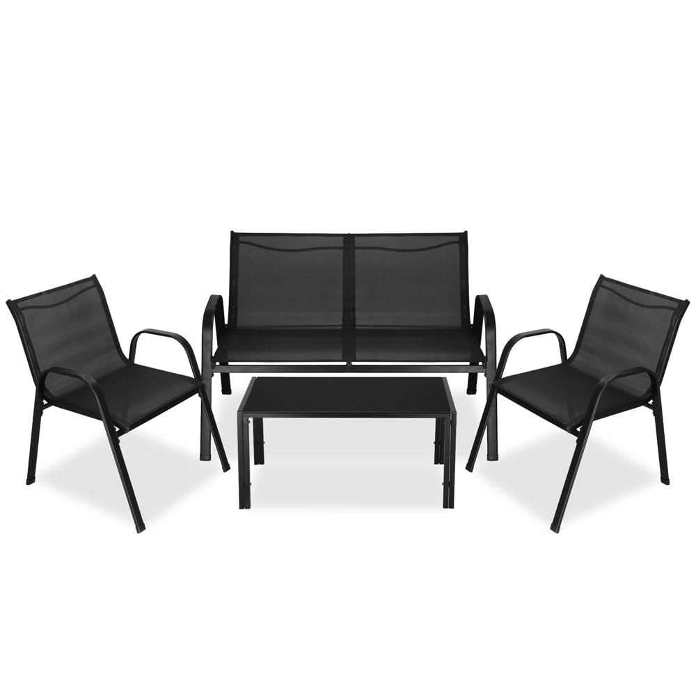 Set mobilier gradina 4 piese, masa cu sticla securizata, 2 scaune si canapea, cadru metalic, negru — imaginea 15