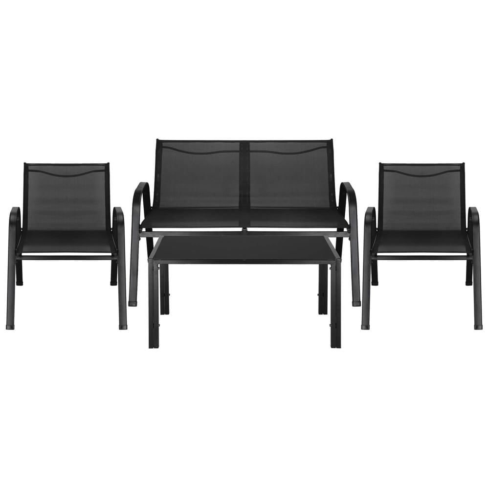 Set mobilier gradina 4 piese, masa cu sticla securizata, 2 scaune si canapea, cadru metalic, negru — imaginea 17