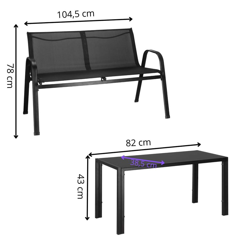 Set mobilier gradina 4 piese, masa cu sticla securizata, 2 scaune si canapea, cadru metalic, negru — imaginea 22