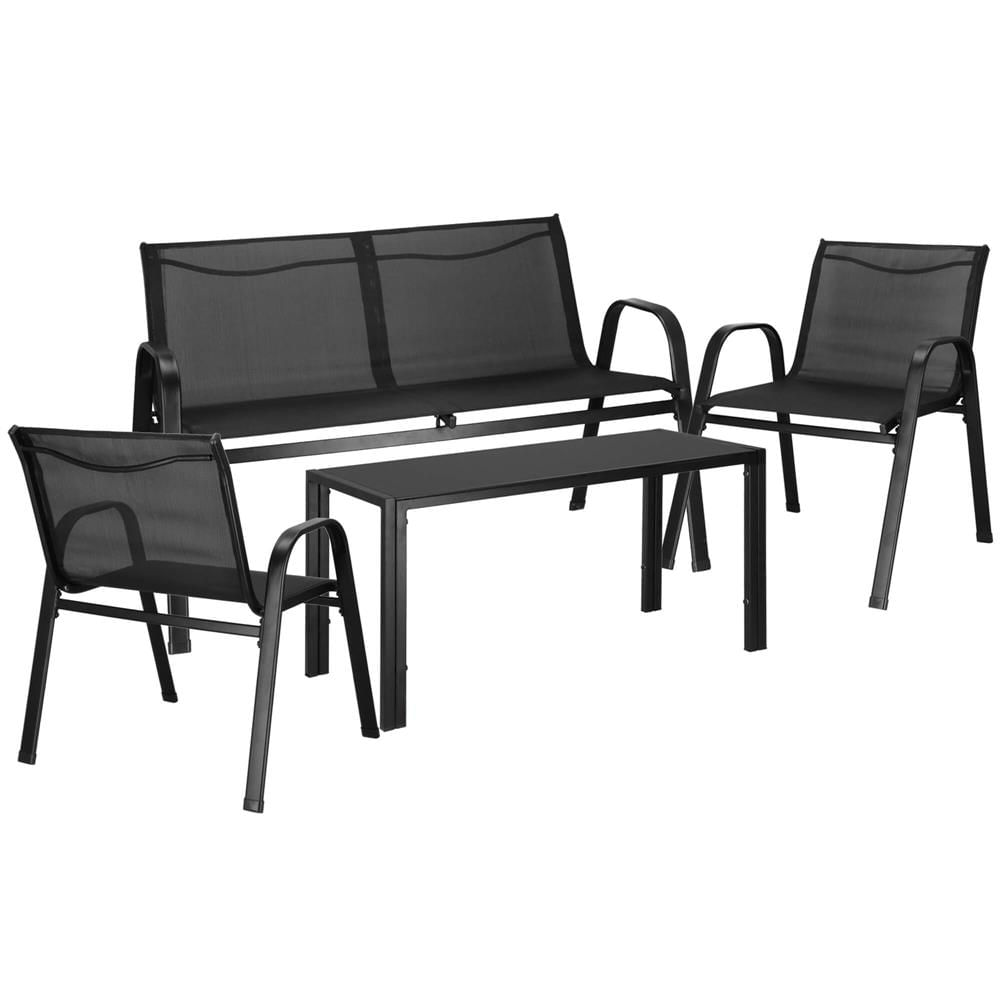Set mobilier gradina 4 piese, masa cu sticla securizata, 2 scaune si canapea, cadru metalic, negru — imaginea 23