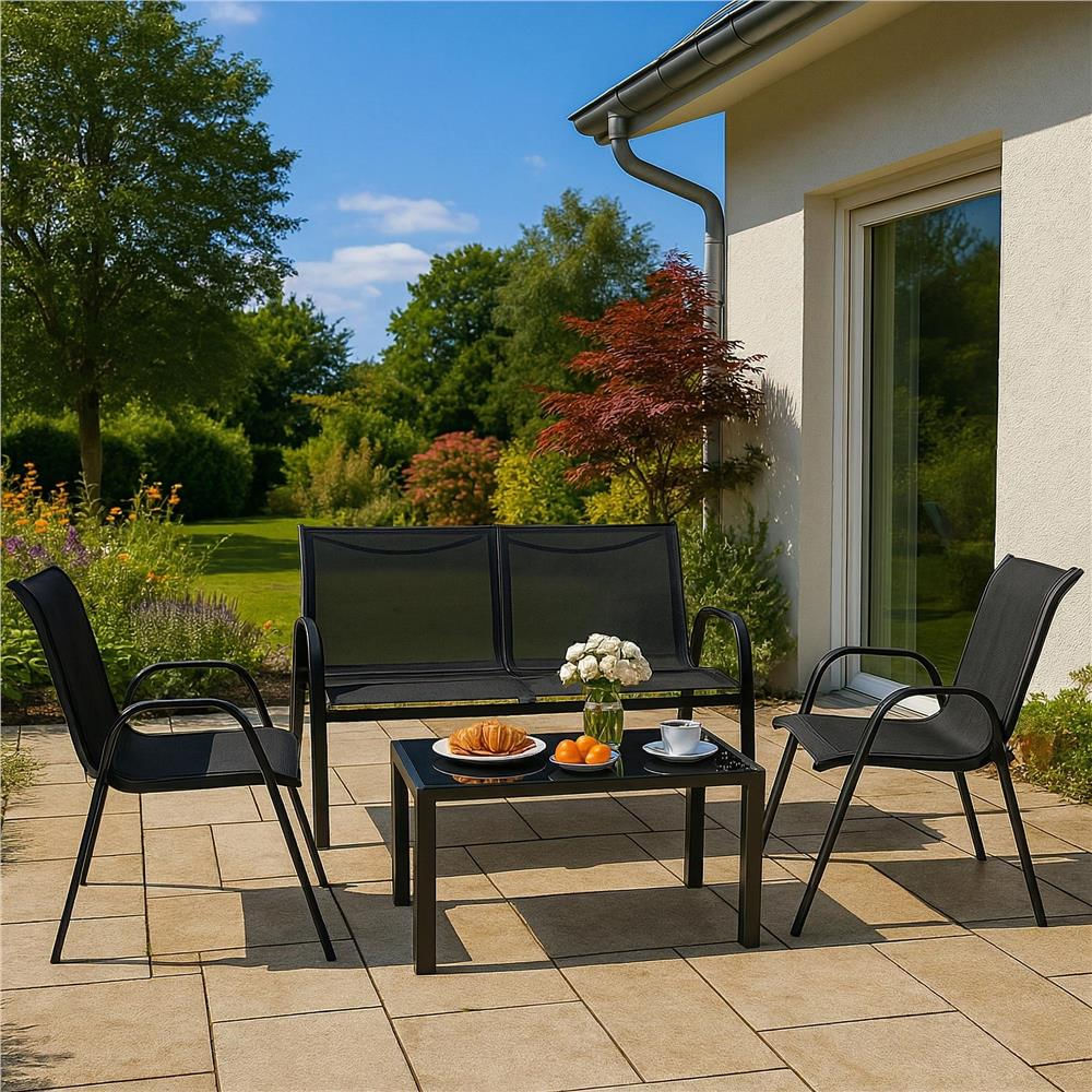Set mobilier gradina 4 piese, masa cu sticla securizata, 2 scaune si canapea, cadru metalic, negru — imaginea 27