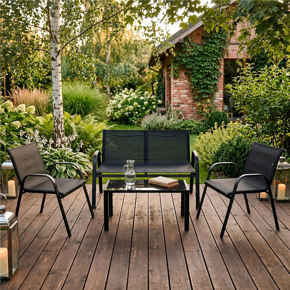 Set mobilier gradina 4 piese, masa cu sticla securizata, 2 scaune si canapea, cadru metalic, negru — imaginea 28