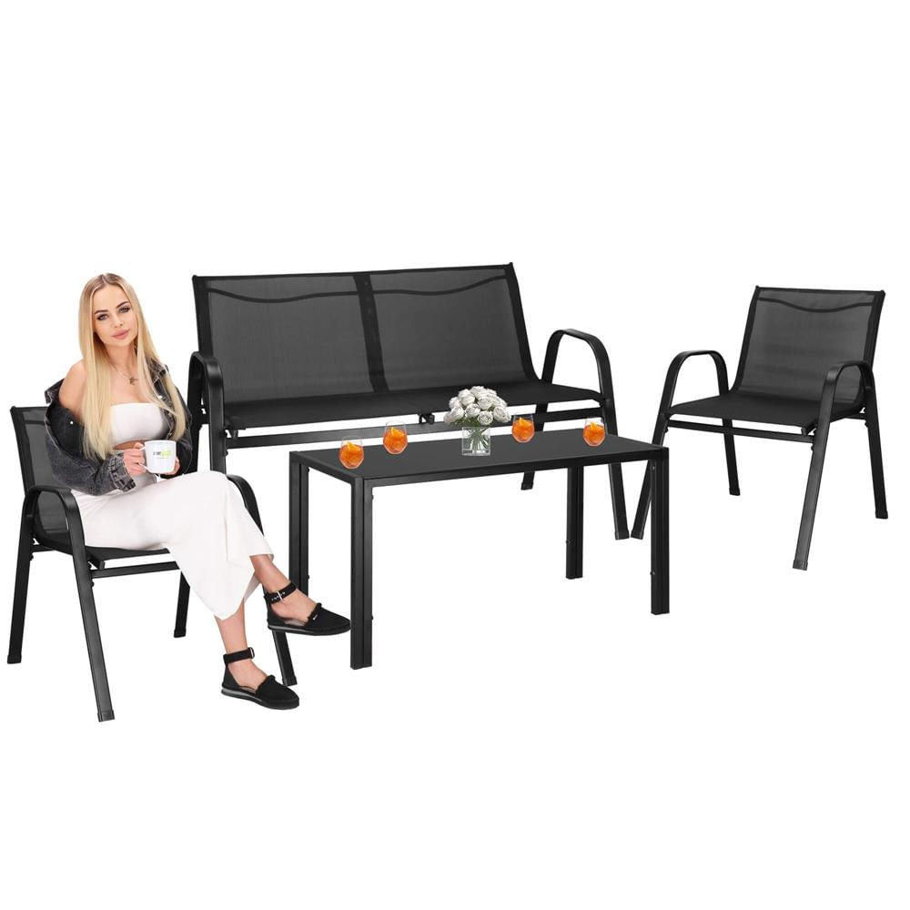 Set mobilier gradina 4 piese, masa cu sticla securizata, 2 scaune si canapea, cadru metalic, negru — imaginea 29