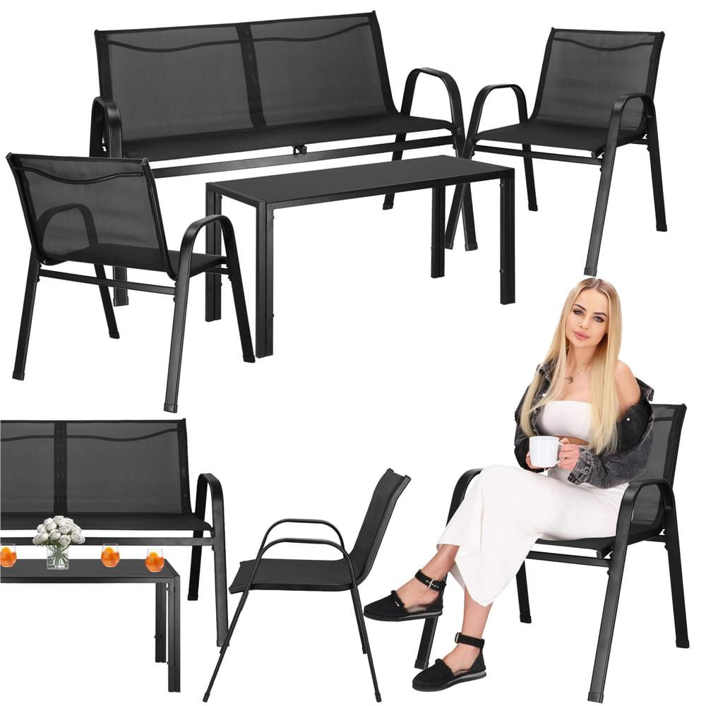 Set mobilier gradina 4 piese, masa cu sticla securizata, 2 scaune si canapea, cadru metalic, negru — imaginea 30