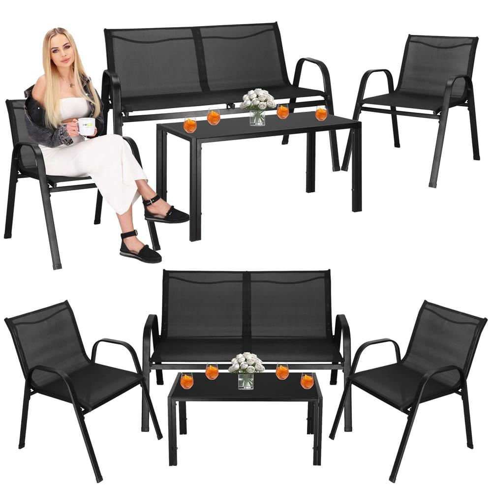 Set mobilier gradina 4 piese, masa cu sticla securizata, 2 scaune si canapea, cadru metalic, negru — imaginea 33