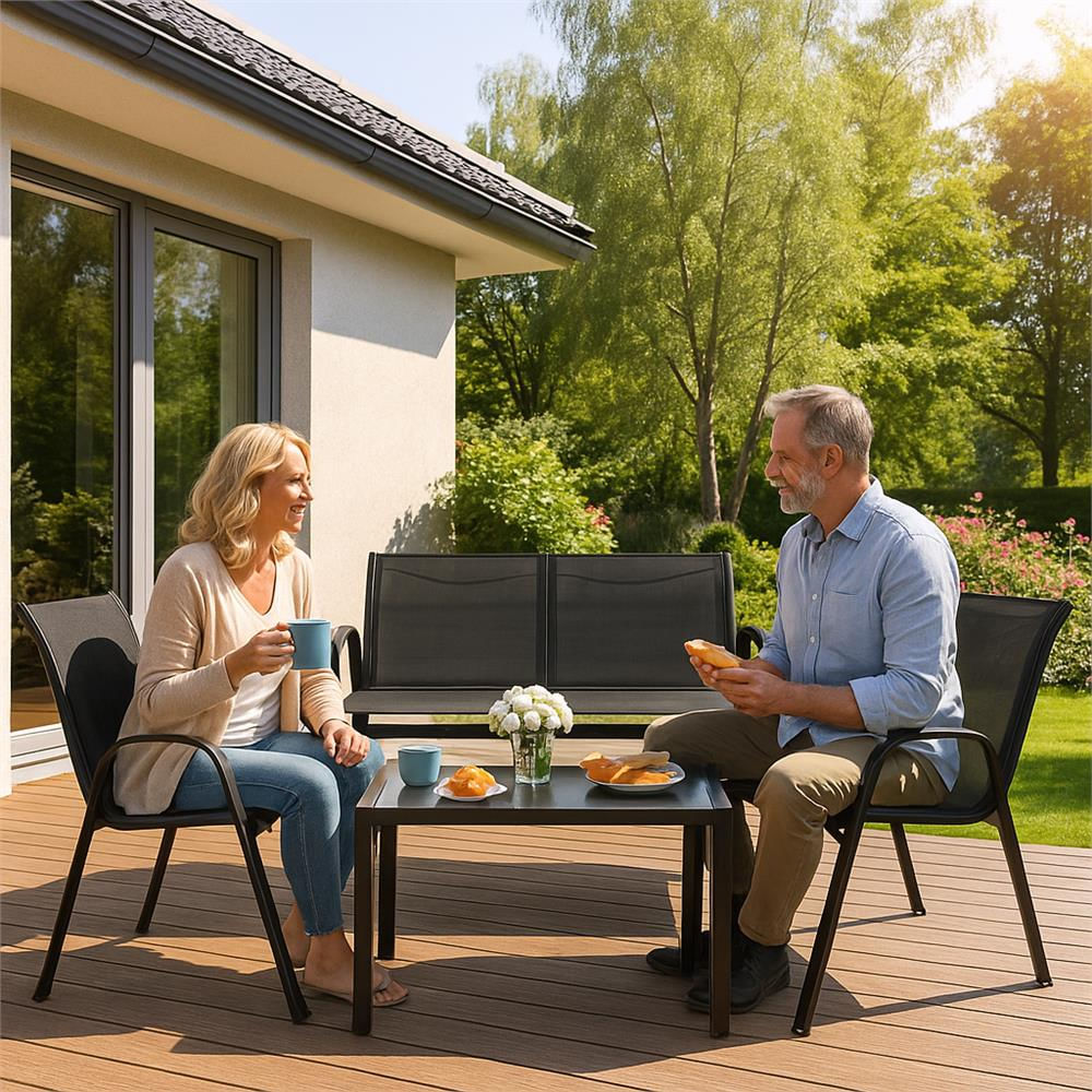 Set mobilier gradina 4 piese, masa cu sticla securizata, 2 scaune si canapea, cadru metalic, negru — imaginea 34