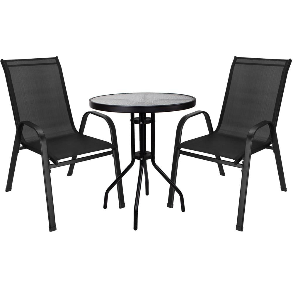 Set mobilier gradina, 2 scaune si masa rotunda, blat sticla, cadru metalic, 60x70 cm, negru — imaginea 2