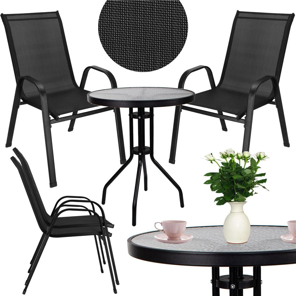 Set mobilier gradina, 2 scaune si masa rotunda, blat sticla, cadru metalic, 60x70 cm, negru — imaginea 5