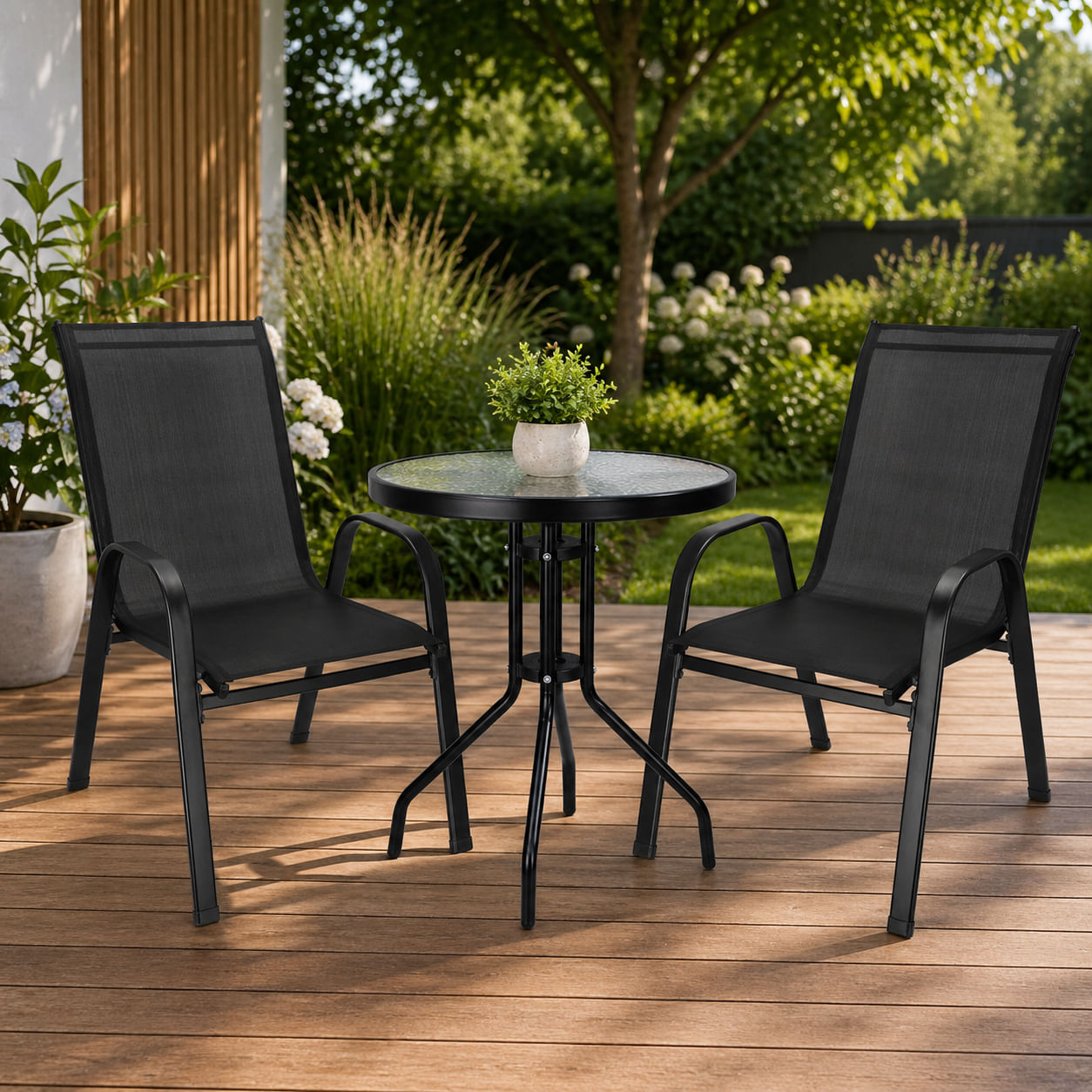 Set mobilier gradina, 2 scaune si masa rotunda, blat sticla, cadru metalic, 60x70 cm, negru — imaginea 28