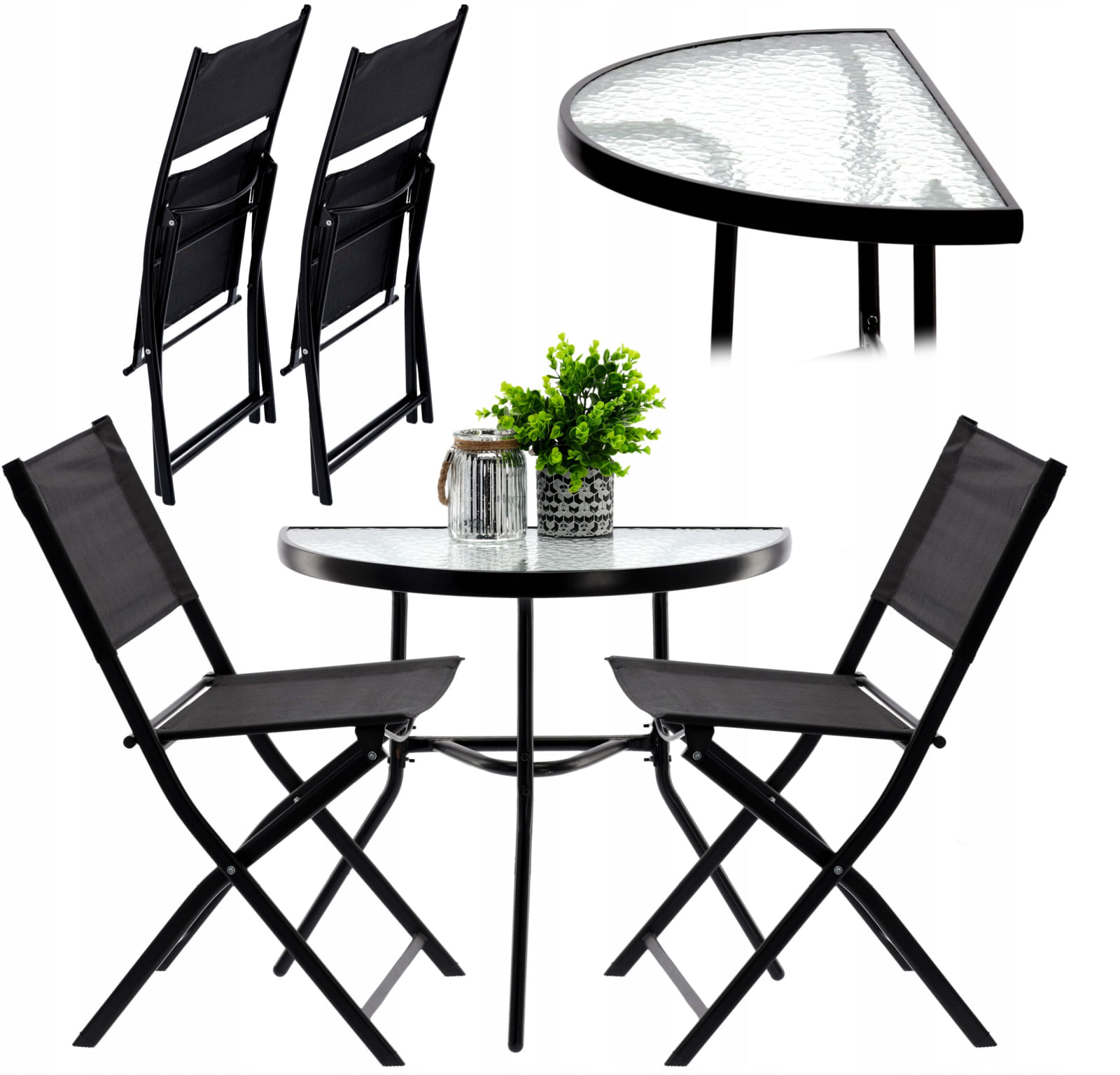 Set mobilier gradina sau balcon, masa semirotund sticla cu 2 scaune pliabile, negru — imaginea 4