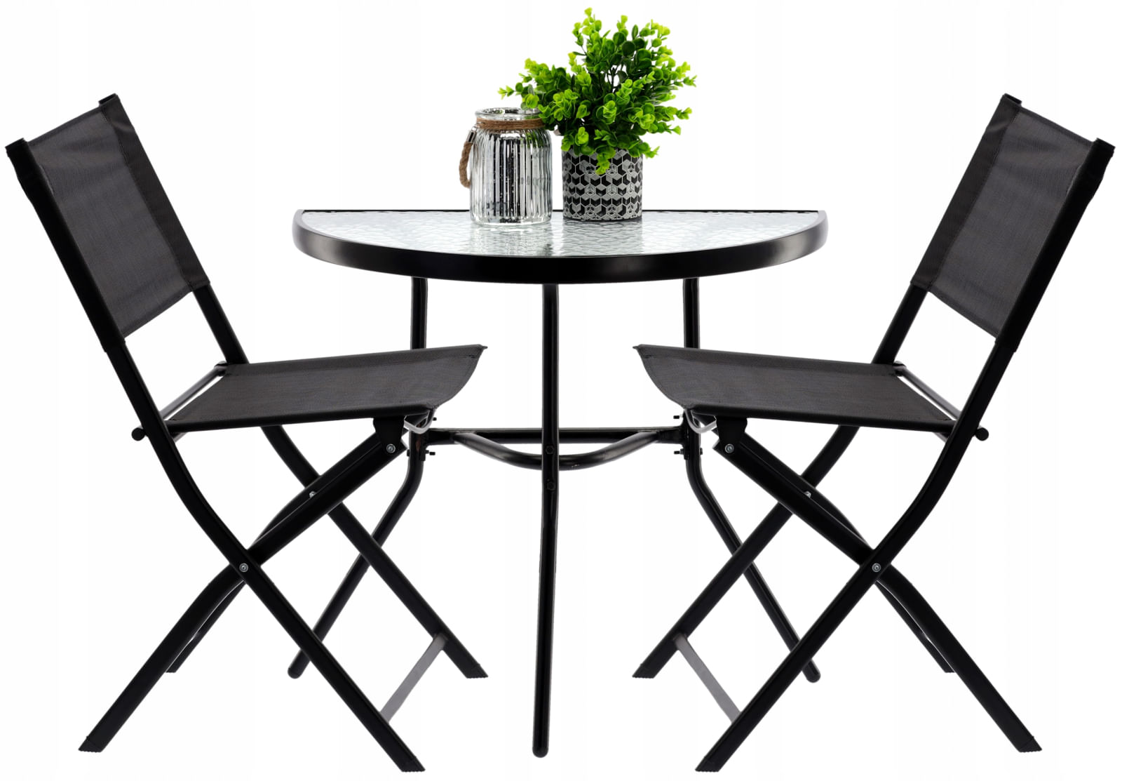Set mobilier gradina sau balcon, masa semirotund sticla cu 2 scaune pliabile, negru — imaginea 6