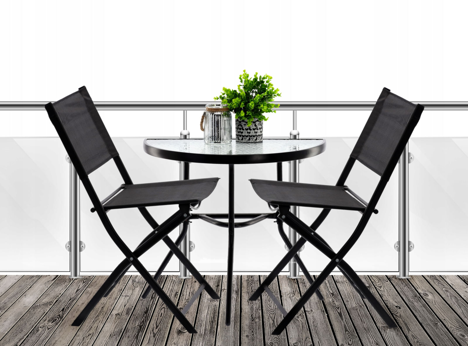 Set mobilier gradina sau balcon, masa semirotund sticla cu 2 scaune pliabile, negru — imaginea 7