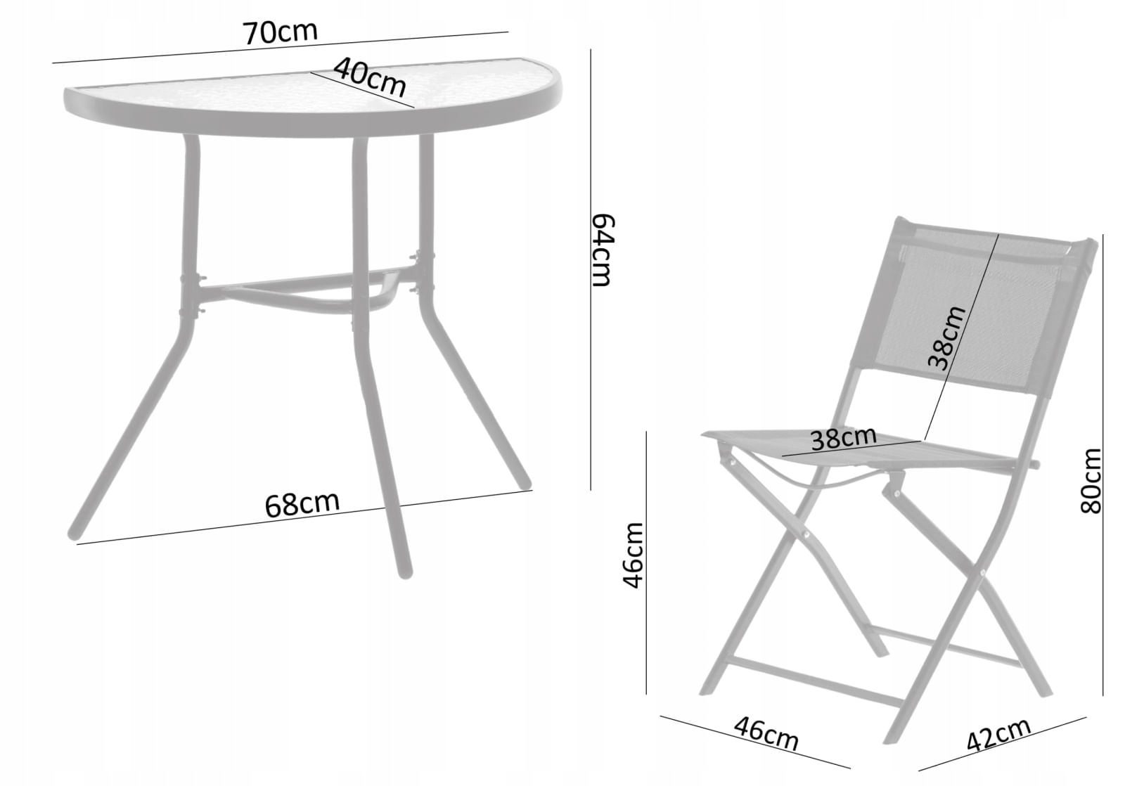 Set mobilier gradina sau balcon, masa semirotund sticla cu 2 scaune pliabile, negru — imaginea 8